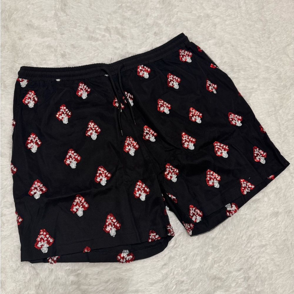 New 3xl black mushroom sequin swim shorts trunks festival rave beyond Alice mens